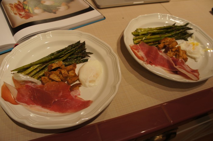 Asparagus salad with croutons, prosciutto, and poached eggs