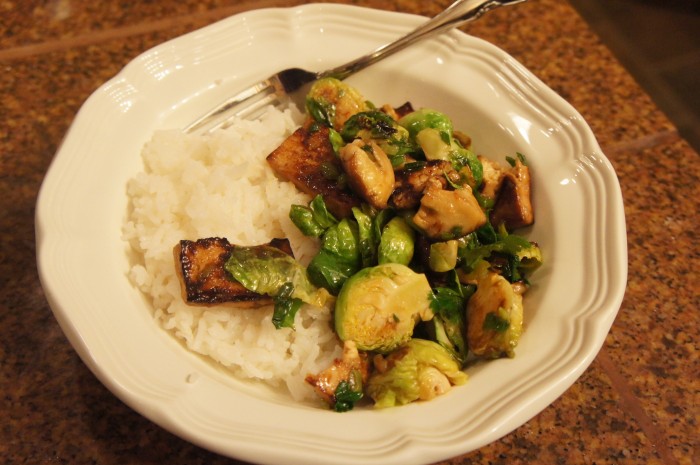 brussels sprouts, tofu, and rice.