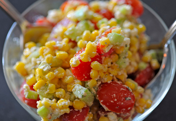 Corn, Tomato, Cucumber, and Feta Salad // Weekend Finds on Serious Crust